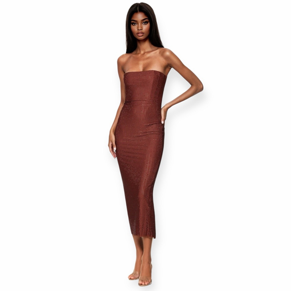 Nookie Dresses & Skirts - Nookie Adriana Midi Dress Brown Rhinestone Strapless Jersey Bodycon Size XS NWT